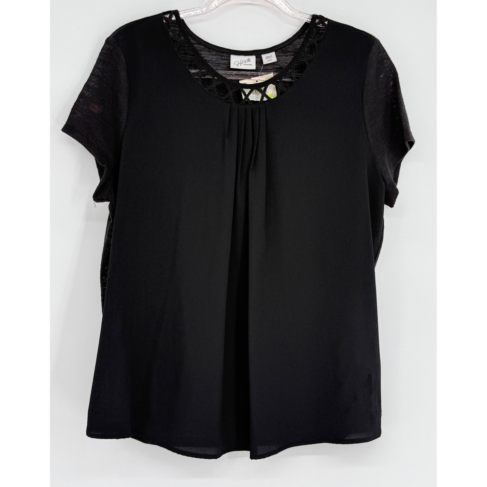 Jaclyn Smith Collection‎ Black Lattice Neck Pleated Blouse Womens Sz XL New